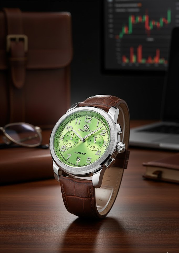 BİGOTTİ  KAHVERENGİ DERİ, YEŞİL KADRAN ERKEK KOL SAATİ