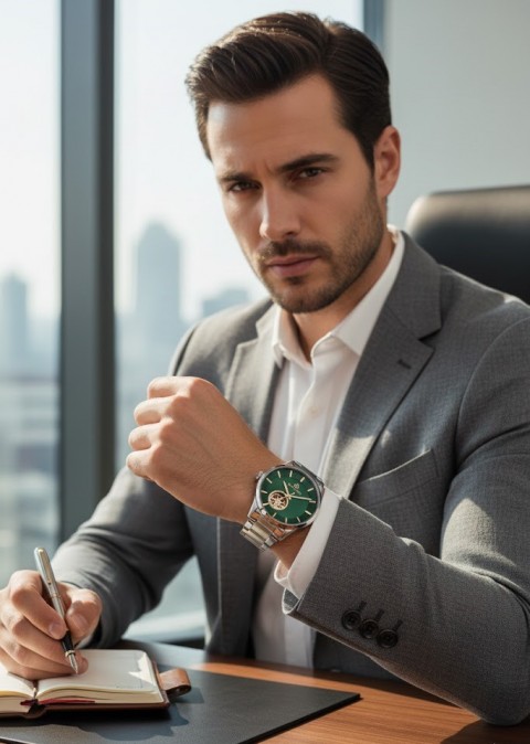 BİGOTTİ ÇELİK KORDON VE KASALI, DERİN YEŞİL KADRANLI KLASİK ERKEK KOL SAATİ